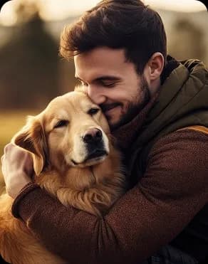 Golden Retriever with its owner, showing comfort and care