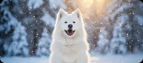 Happy Samoyed dog playing in the snow